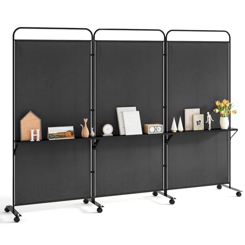 Giantex 3 Panel Room Divider with Wheels and Shelves, 103" W x 74" H Folding Privacy Screen, Rolling Partition Separator for Home Office Studio, Fabric Wall Divider for Room Separation (Black) - color: Black