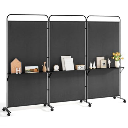 Giantex 3 Panel Room Divider with Wheels and Shelves, 103" W x 74" H Folding Privacy Screen, Rolling Partition Separator for Home Office Studio, Fabric Wall Divider for Room Separation (Black) - color: Black