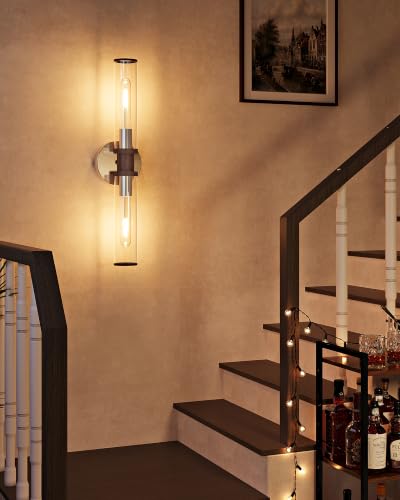 Rayogale Nickel & Walnut Wireless Battery Operated Wall Sconces with Remote | Glass Rechargeable Wall Lights Set of 2 with Timer Function Dimmable for Living Room Bedroom Emergency 3000K, 20.5 Inch - color: Nickel & Walnut(Clear Tubular Lampshade)