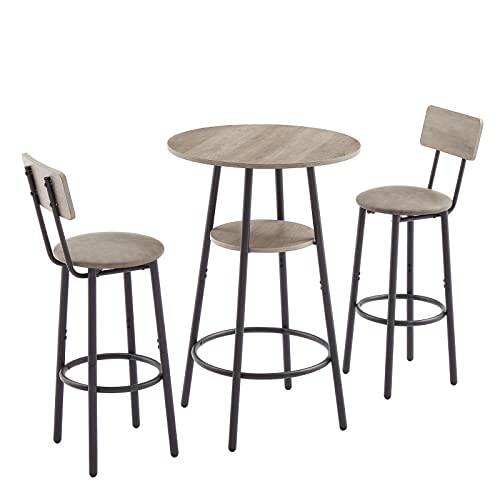 KIVENJAJA 3-Piece Bar Table Set for 2, Small 2-Tier Round Bistro Pub Dining Table & PU Upholstered Stools with Backrest, Counter Height Table and Chairs Set for Kitchen Small Space, Grey - color: Grey