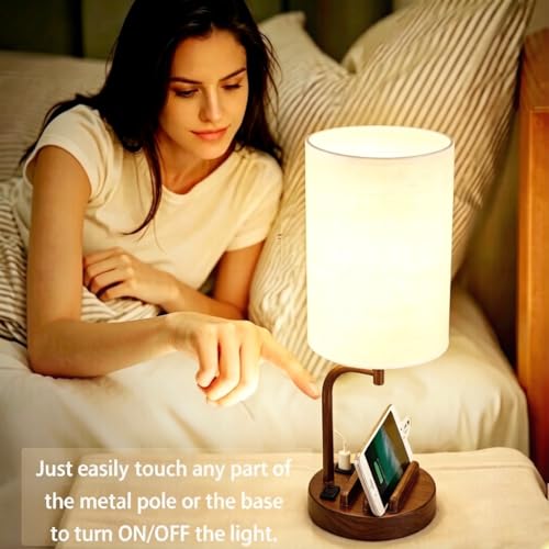 Dreamholder Touch Control USB Table Lamp with USB C/A & AC Outlet, 3-Way Dimmable Bedside Lamp, Modern Nightstand Lamps for Bedroom Living Room Guest Room Office, Bulb Included, Walnut - color: Wanut