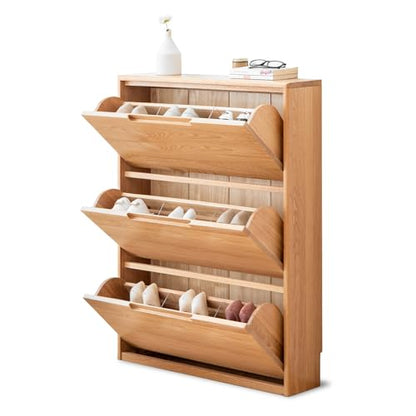 Fully-Assembled Oak Shoe Cabinet with 3 Flip Drawers, Solid Wood Shoe Storage Cabinet, Narrow Shoe Organizer for Entryway, 7.9" x 33.5" x 45.7", Oak Wood, Natural - color: Natural