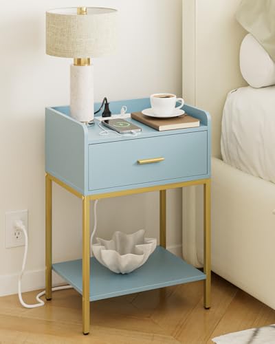 Masupu Nightstand with Charging Station,3-Tier Modern Bedside Night Stand with Storage Drawer and Shelf,Small End Side Table for Bedroom,Living Room,Gold and Blue - color: Outlet-blue