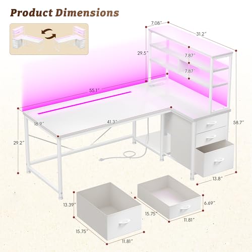 DurayLoly 55''White Desk with 3 Drawers & Shelf, LED, Outlet for Bedroom | 3 Silent Fabric Drawers,3 Tier Shelf, Raised PC stand, Storing Books or Crafts,Store More Items - color: White, size: 18.9"D x 55.1"W x 59"H