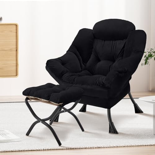 Lazy Chair with Folding Ottoman Modern Large Accent Chair,Contemporary Lounge Leisure Sofa Chair with Armrests Upholstered Sofa Armchair Reading Chair for Bedroom,Dorm & Office(Black-f) - color: Black