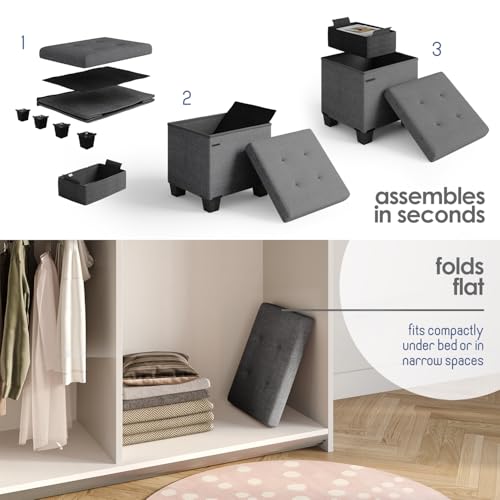 Storage Ottoman Cube with Small Bin, 15-in Square Ottoman with Storage for Living Room and Bedroom, Small Ottomans Foot Rest, Fabric Foot Stools Ottomans Max 330lbs, Grey - color: 02 - Grey
