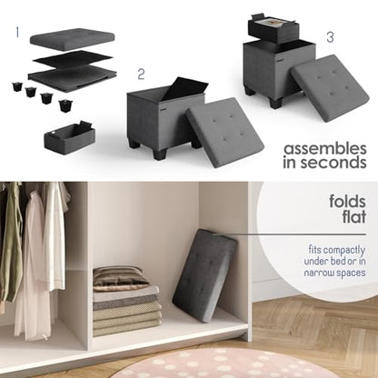 Storage Ottoman Cube with Small Bin, 15-in Square Ottoman with Storage for Living Room and Bedroom, Small Ottomans Foot Rest, Fabric Foot Stools Ottomans Max 330lbs, Grey - color: 02 - Grey
