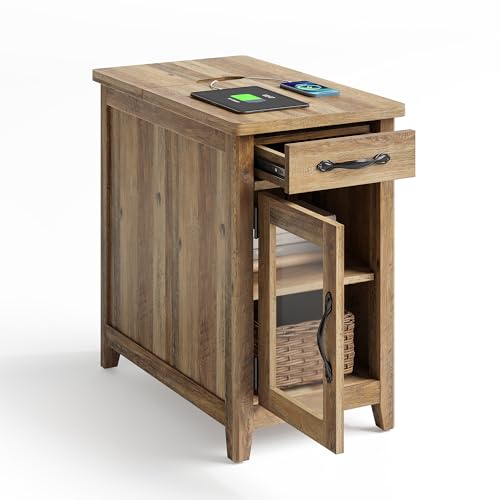 LINSY HOME Charging End Table with USB Ports, Glass Door, Brown | Built-in Charging Station with USB & Outlet, Drawer Storage, Detachable Cup Holder, Farmhouse Style, Compact, Living/Bedroom. - color: Brown, size: Glass Door