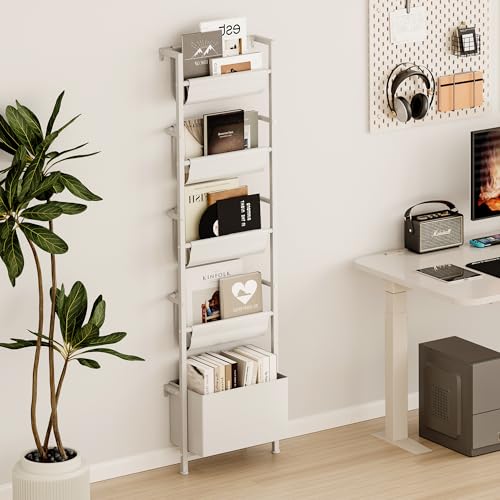 Homeiju Wall Mounted Kids Bookshelf with Storage Bin, 5-Tier Ladder Shelf, Suitable for Books, Toys, Magazines, Documents, Albums, White - color: White