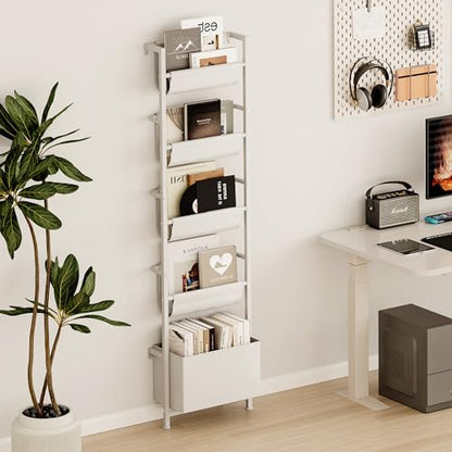Homeiju Wall Mounted Kids Bookshelf with Storage Bin, 5-Tier Ladder Shelf, Suitable for Books, Toys, Magazines, Documents, Albums, White - color: White