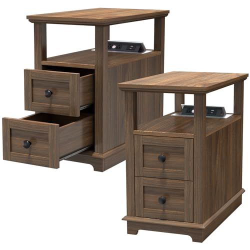 HIFYOBRO Narrow End Table with Flip Top Charging Station Set of 2 | Side Table with 2 Drawers, Type-C & USB Port & Power outlets, Wooden Storage Cabinet for Living Room and Bedroom - color: Dark Walnut, size: 1 Set
