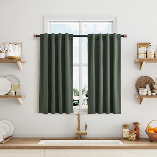 100% Blackout Kitchen Linen Curtains Back Tab Pleated Small Drape 36 Inch Length Privacy Thermal Insulated Elegant Mini Cafe Curtain for Rustic Farmhouse Bathroom Bedroom Olive Green 26x36 - color: Olive Green, size: 26"W x 36"L (Pack of 2)