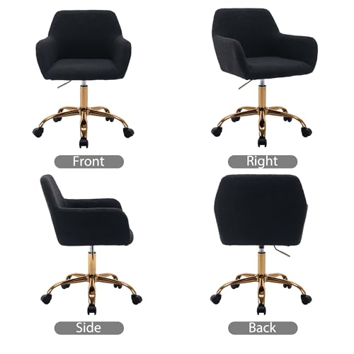 Faux Fur Office Desk Chair, Comfy Swivel Armchair with Wheels, Upholstered Fuzzy Vanity Chair, Adjustable Seat Height, Black | Fluffy Swivel Modern Armchair Upholstered Fuzzy Height Adjustable for Teens Women Girls Elegant for Living Room Bedroom - color: