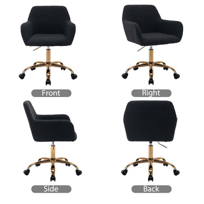 Faux Fur Office Desk Chair, Comfy Swivel Armchair with Wheels, Upholstered Fuzzy Vanity Chair, Adjustable Seat Height, Black | Fluffy Swivel Modern Armchair Upholstered Fuzzy Height Adjustable for Teens Women Girls Elegant for Living Room Bedroom - color: