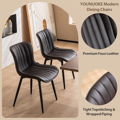 YOUNUOKE Mid-Century Modern Dining Chairs Set of 2, Dark Brown PU Leather | Faux leather upholstery with black metal legs. Fits dining room, kitchen, and guest reception. Easy to clean. Armless design - color: Dark Brown