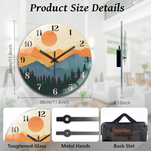 Forests and Sun Wall Clocks Battery Operated, 12" Round Clock | Non Ticking Decorative Clock, Ocean Pattern Glass Design for Living Room, Kitchen, Bedroom & Bathroom Decor - style: Forests and Sun