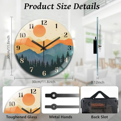 Forests and Sun Wall Clocks Battery Operated, 12" Round Clock | Non Ticking Decorative Clock, Ocean Pattern Glass Design for Living Room, Kitchen, Bedroom & Bathroom Decor - style: Forests and Sun