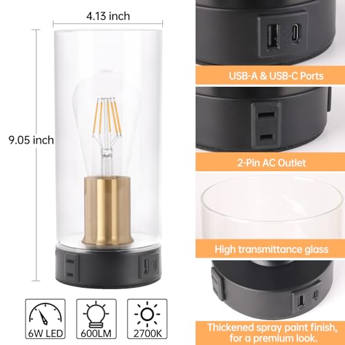 Shenmoyl Industrial Bedside Lamp with USB-A+C Charging Ports & AC Outlet, Small Touch Control Dimmable Table Lamp with Black Glod Base Glass Shade for Bedroom, Nightstand, Dorm, Office, Desk - color: Black-gold