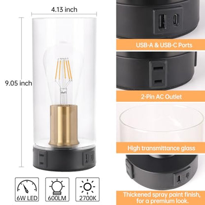 Shenmoyl Industrial Bedside Lamp with USB-A+C Charging Ports & AC Outlet, Small Touch Control Dimmable Table Lamp with Black Glod Base Glass Shade for Bedroom, Nightstand, Dorm, Office, Desk - color: Black-gold