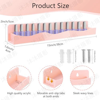 Nail Polish Wall Rack, 6-Shelf 15-Inch Light Pink Acrylic Nail Polish Shelves with Removable Ends – Multi-Purpose Shelf for Essential Oils, Cosmetics Storage and Display for Salons and Bathrooms - color: Light Pink