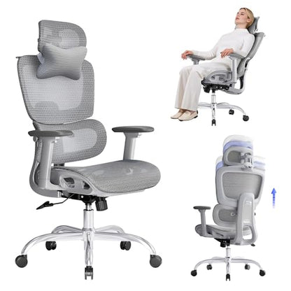 Ergonomic Office Chair with 3D Headrest, Computer Chair with Adjustable Backrest & 3D Armrest, Gaming Chair with Adaptive Lumbar Support, Mesh Backrest & Cushion, Grey - color: Grey, style: Eco