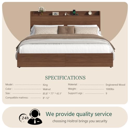 King Size Bed Frame with Storage Headboard & 2 Drawers, Mid-Century Modern Platform Bed with Charging Station & Shelf, Wooden Slat Support, No Box Spring Needed (King (U.S. Standard)) - size: King (U.S. Standard)