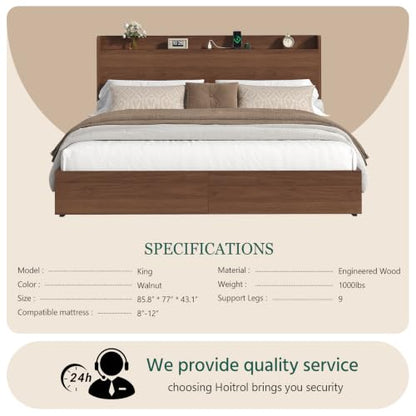 King Size Bed Frame with Storage Headboard & 2 Drawers, Mid-Century Modern Platform Bed with Charging Station & Shelf, Wooden Slat Support, No Box Spring Needed (King (U.S. Standard)) - size: King (U.S. Standard)