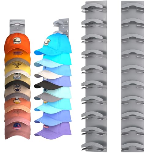 Hat Organizer for Baseball Caps 2Pack, Hat Rack for Wall with Strong Adhesive Hold up to 20 Hats, Hat Hanger Holder Display for Door Closet, Cap Organizer Storage Multilayer Two Mounting Option(Grey) - color: Grey, style: 2pcs-matte