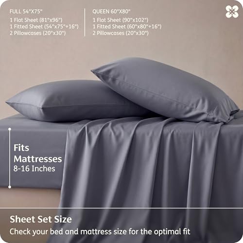 Bedsure Cooling Sheets for Full Size Bed, Viscose Derived from Bamboo, Deep Pocket up to 16", Breathable Soft Bed Sheets & Pillowcases, Dark Grey | Cooling Sheets for Hot Sleepers, Breathable & Silky Soft, 16" Deep Pocket, Hotel Luxury Bedding, Dark Grey