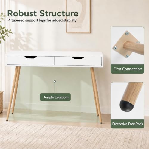GIANTEX Mid-Century Desk with 2 Drawers, 42.5" Writing Study Desk with Tapered Legs, Home Office Computer Workstation PC Laptop Desk, Modern Makeup Vanity Table for Bedroom (White & Natural)