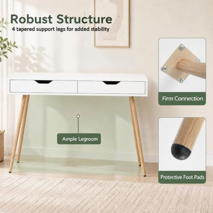 GIANTEX Mid-Century Desk with 2 Drawers, 42.5" Writing Study Desk with Tapered Legs, Home Office Computer Workstation PC Laptop Desk, Modern Makeup Vanity Table for Bedroom (White & Natural)