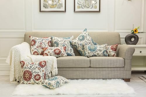 Pack of 2 Jacquard Circle Floral Throw Pillow Covers, Cream Red | Rectangle, Oblong Pillow Cases, For 12X20 Inserts - color: 12x20 Red