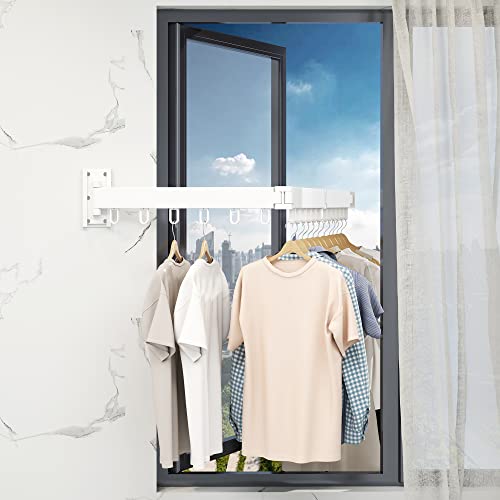 HEILAIYI Clothes Drying Rack,Laundry Drying Rack,Wall Mounted Clothes Rack,Laundry Rack Wall Mount,Folding Retractable Collapsible Drying Rack Clothing (Three-Poles,Loop Hooks,White) - size: White/Loop-Shape Hooks