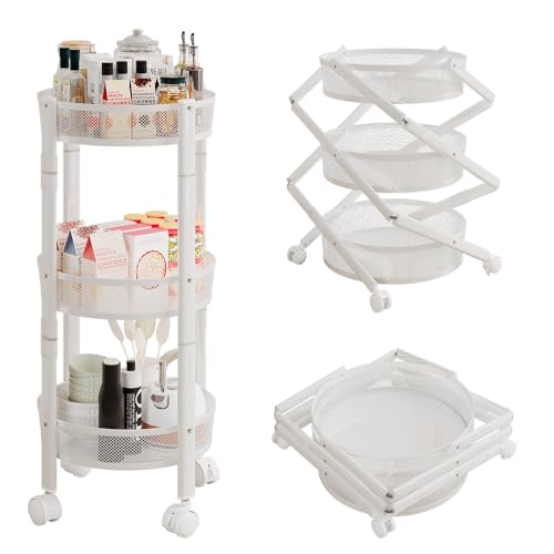 No Assemble 3 Tier Rolling Storage cart, Folding Utility cart with 2 Lockable Wheels, Multifunction Storage Organizer, Perfect for Bathroom, Kitchen, Snack, Craft (White)