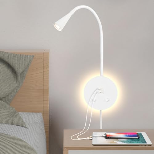 White Headboard Reading Light, 2 Pack Led Wall Mounted Book light, Bedroom Reading Lamp, USB Output, Night Light & Switch, Wall Sconce for Bedtime Reading, Gooseneck Headboard Bed Lights Wall Sconce - color: White-2 Pack