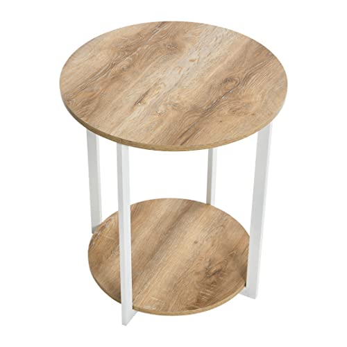 Household Essentials Jamestown Round Side End Table with Storage Shelf, Coastal Oak Rustic Wood Grain and White Metal Frame - color: Coastal Oak