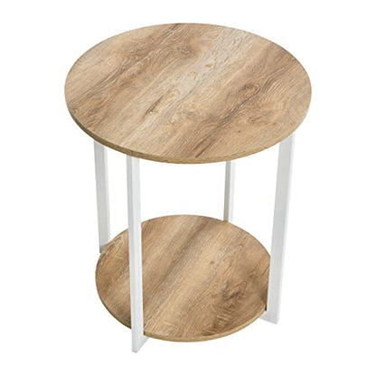 Household Essentials Jamestown Round Side End Table with Storage Shelf, Coastal Oak Rustic Wood Grain and White Metal Frame - color: Coastal Oak