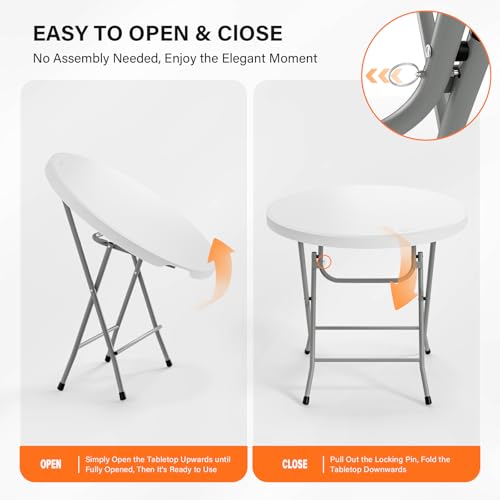 Bonnlo Round Folding Table 32 inch, HDPE Plastic Small Tabletop with Steel Frame Foldable Card Table for Indoor Outdoor Outside Dining, Party and Commercial Event, White - color: White