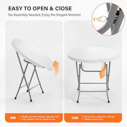 Bonnlo Round Folding Table 32 inch, HDPE Plastic Small Tabletop with Steel Frame Foldable Card Table for Indoor Outdoor Outside Dining, Party and Commercial Event, White - color: White