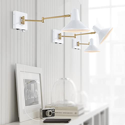 JONATHAN Y Hygge 1-Light Modern Swing Arm USB Sconce 8", White/Brass Gold | Metal Construction, Plug-In Midcentury Bedside Wall Lamp, Cone Shade, Adjustable Head, LED Bulb Included - color: White/Brass Gold