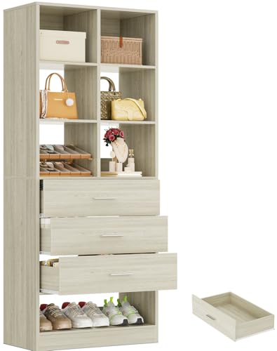 Closet System Organizer with 3 Drawers and Partition Storage, Freestanding Wardrobe Organizer Modular with Shoe Shelf, Expandable for Walk-in or Reach-in Closets, White Oak - color: White Oak