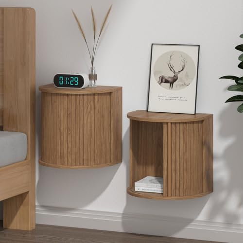 Floating Nightstand Set of 2 with Sliding Roller Shutter Doors,Walnut | Set of 2 Floating Nightstands,Smooth Sliding Roller Shutters Hide Clutter.Curved Rounded Edges,Space-saving. - color: Floating Nightstand-walnut