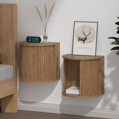 Floating Nightstand Set of 2 with Sliding Roller Shutter Doors,Walnut | Set of 2 Floating Nightstands,Smooth Sliding Roller Shutters Hide Clutter.Curved Rounded Edges,Space-saving. - color: Floating Nightstand-walnut
