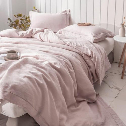 Simple&Opulence 100% Washed Linen Duvet Cover Set with Embroidered,2 Pieces Soft Farmhouse Comforter Set with Button Closure,1 Duvet Cover and 1 Pillowsham(Twin,Dusty Pink) - color: Embroidery Dusty Pink, size: Twin