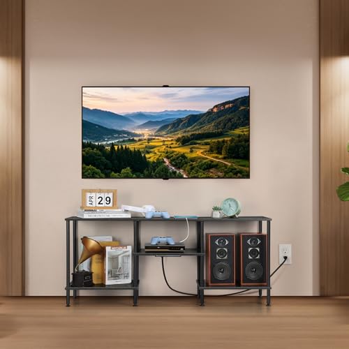 OYEAL Bedroom TV Stand with Power Outlets up to 50 inch TV, Small Entertainment Center Stand with Storage Modern Media TV Console Table for Living Room Bedroom, Dark Grey - color: Dark Grey