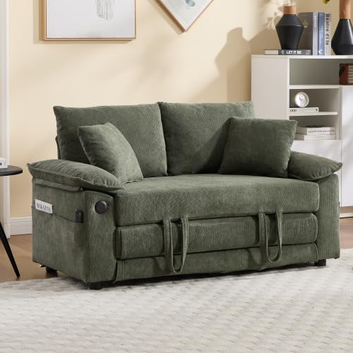 3-in-1 Convertible Sofa Bed, Upholstered Pull Out Loveseat Sleeper Sofabed | Foldable Loveseat Sleeper Couch with Pillows & Cushion, Space‑Saving Lounge Mattress Sofa for Living Room/Apartment, Green - color: Green