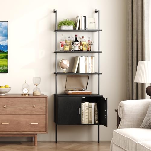 Yusong 73" Tall Bookshelf with Cabinet, Industrial Ladder Wall Mount Shelf Bookcase with Wood and Metal Frame, Plant Shelf Wall Storage Display for Living Room Bedroom, Black Wood Grain - color: Black