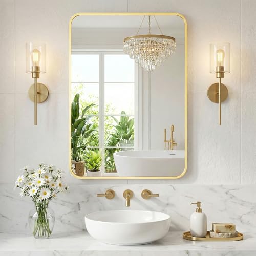 NEWBULIG Bathroom Mirror 24X36 Inch, Vanity Mirror for Wall | Rectangle Rounded Corners, Metal Frame Over Sink, Entryway Bedroom Hang, Horizontal or Vertical, Gold - color: Gold, size: 24"L x 36"W