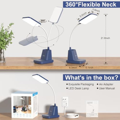 LED Desk Lamp with 10W Wireless Charging & Pen Holder, Navy Blue | CRI 95, 800LM, Stepless Dimming, 3 Modes, 360°Flexible Arm, Touch, Study Table Lamp for Home Office, Dorm Room, with Adapter - color: Navy Blue