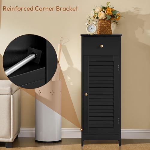 Yaheetech Small Bathroom Storage Cabinet with Drawer & Louvered Door, Black | Slim Free Standing Floor Cabinet Organizer by a Pedestal Sink or Toilet, Hides Tissue and Towels, Shelf inside, MDF Build